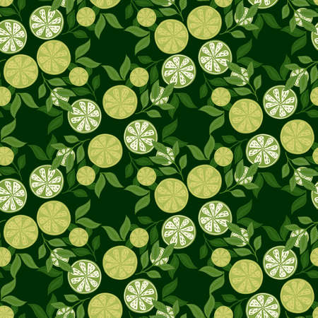 Natural seamless pattern with summer time line slices print. Green colors. Leaves elements. Floral print. Graphic design for wrapping paper and fabric textures. Vector Illustration.のイラスト素材