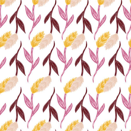 Doodle seamless pattern with simple isolated ear of wheat silhouettes. Purple and yellow colored artwork. Graphic design for wrapping paper and fabric textures. Vector Illustration.のイラスト素材