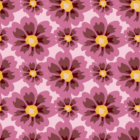 Seamless pattern aster on pink background. Beautiful texture pink yellow flowers in doodle style. Geometric floral template for fabric. Design vector illustration.のイラスト素材