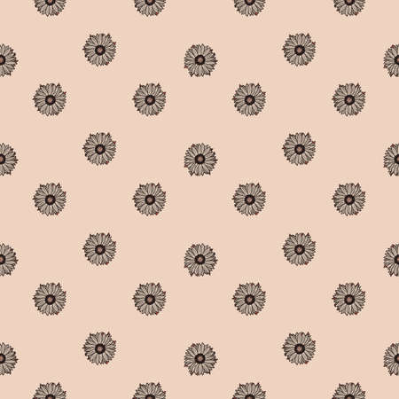 Seamless pattern sunflowers pink background. Minimalistic texture with sunflower and leaves. Geometric floral template in doodle style for fabric. Design vector illustration.のイラスト素材