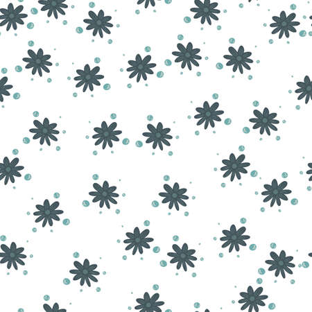 Decorative seamless pattern with random little blue flowers silhouettes. Isolated backdrop. Hand drawn ornament. Flat vector print for textile, fabric, giftwrap, wallpapers. Endless illustration.のイラスト素材
