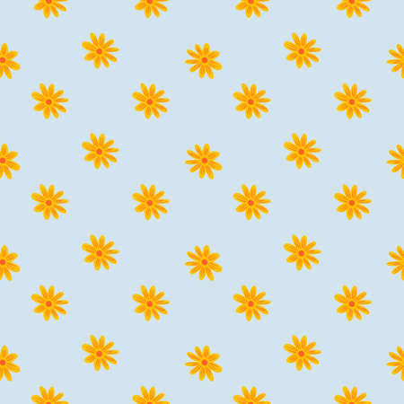 Decorative seamless pattern with little yellow flowers daisy ornament. Pastel light blue background. Graphic design for wrapping paper and fabric textures. Vector Illustration.のイラスト素材
