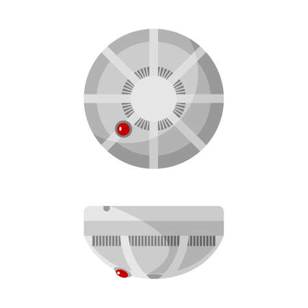 Icon fire prevention smoke detector sensor on white background. Gas sensor gray with red button in flat style. Home safety alarm. Vector illustrationのイラスト素材