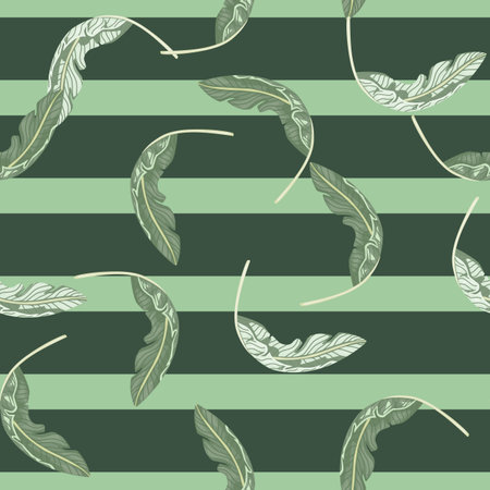 Random seamless pattern with botanical palm leaves print. Striped gray and blue background. Vector illustration for seasonal textile prints, fabric, banners, backdrops and wallpapers.のイラスト素材