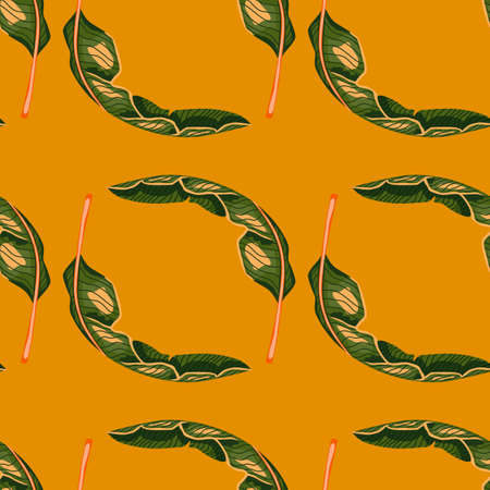 Bright nature jungle seamless pattern with green tropical leaves shapes. Orange background. Vector illustration for seasonal textile prints, fabric, banners, backdrops and wallpapers.のイラスト素材