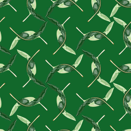 Hand drawn seamless pattern with abstract tropic palm shapes. Green bright background. Vector illustration for seasonal textile prints, fabric, banners, backdrops and wallpapers.のイラスト素材