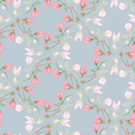 Seamless pattern Magnolias on light blue background. Beautiful ornament with spring pink flowers. Geometrical floral template for fabric. Design vector illustration.のイラスト素材