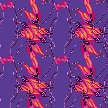 Seamless pattern Magnolias on purple background. Beautiful ornament with bright red flowers. Geometrical floral template for fabric. Design vector illustration.のイラスト素材