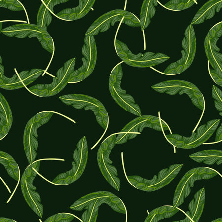 Summer style jungle seamless pattern with random banana leaf ornament. Dark green background. Vector illustration for seasonal textile prints, fabric, banners, backdrops and wallpapers.のイラスト素材