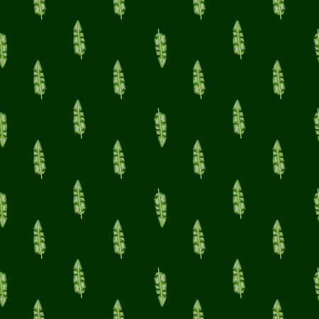 Minimalistic nature seamless pattern with little green tropic banana leaves ornament. Dark green background. Graphic design for wrapping paper and fabric textures. Vector Illustration.のイラスト素材