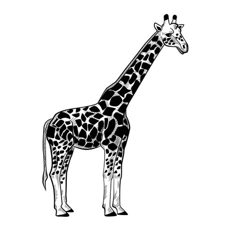 Giraffe isolated on white background. Sketch graphic animal long neck savanna in engraving style. Design retro black and white drawing. Vector illustration.のイラスト素材