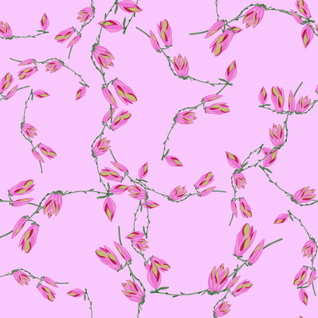 Seamless pattern Magnolias on pastel pink background. Beautiful texture with spring flowers. Random floral template for fabric. Design vector illustration.のイラスト素材