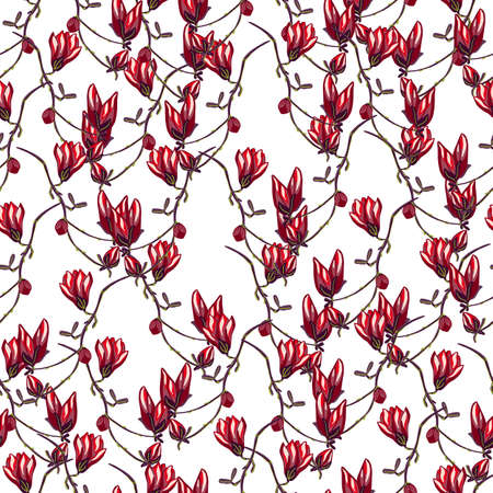 Seamless pattern Magnolias on white background. Beautiful texture with spring red flowers. Random floral template for fabric. Design vector illustration.のイラスト素材