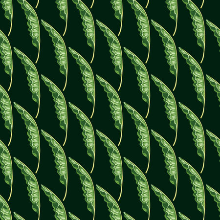 Decorative seamless pattern with green banana leaves shapes print. Black background. Doodle backdrop. Flat vector print for textile, fabric, giftwrap, wallpapers. Endless illustration.のイラスト素材