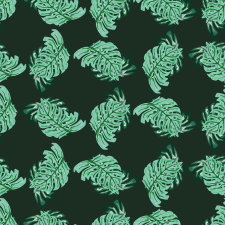 Turquoise creative monstera palm leaves ornament seamless pattern. Dark background. Nature print. Flat vector print for textile, fabric, giftwrap, wallpapers. Endless illustration.のイラスト素材