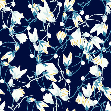 Seamless pattern Magnolias on dark blue background. Beautiful texture with spring white flowers. Random floral template for fabric. Design vector illustration.のイラスト素材