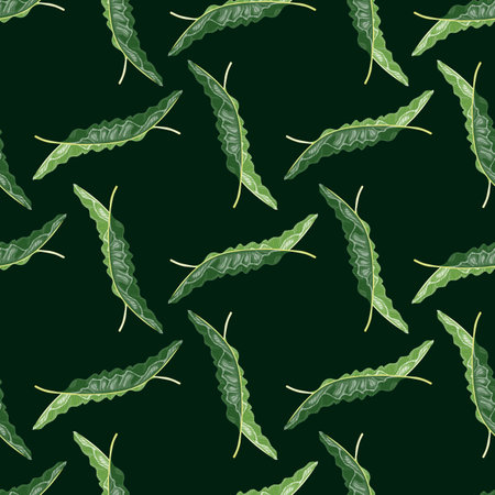 Hand drawn green banana leaves shapes seamless doodle pattern. Black background. Abstract simple style. Flat vector print for textile, fabric, giftwrap, wallpapers. Endless illustration.のイラスト素材