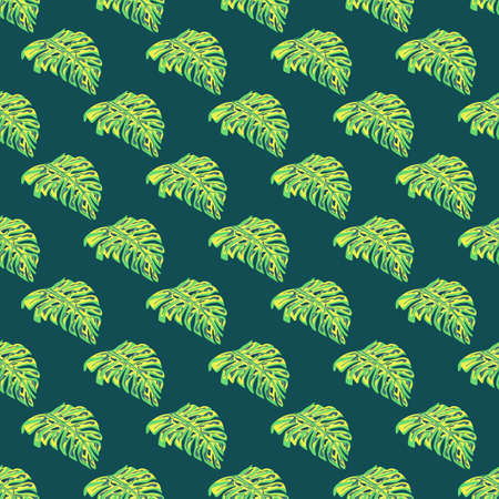 Bright green monstera leaf shapes seamless pattern in floral style. Dark turquoise background. Vector illustration for seasonal textile prints, fabric, banners, backdrops and wallpapers.のイラスト素材