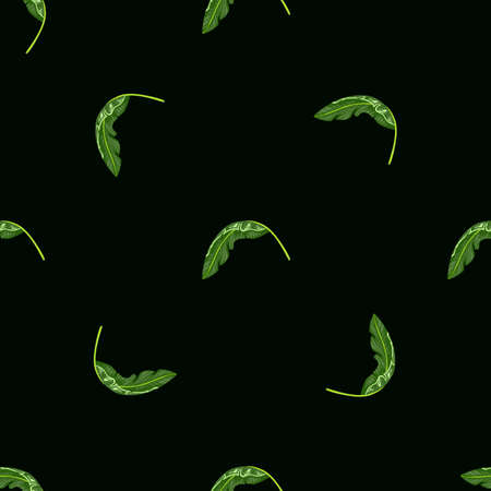 Minimalistic botany seamless pattern with small green tropical leaves shapes. Black background. Vector illustration for seasonal textile prints, fabric, banners, backdrops and wallpapers.のイラスト素材