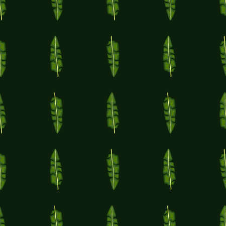 Minimalistic seamless doodle pattern with green palm leaves print. Black background. Nature ornament. Graphic design for wrapping paper and fabric textures. Vector Illustration.のイラスト素材