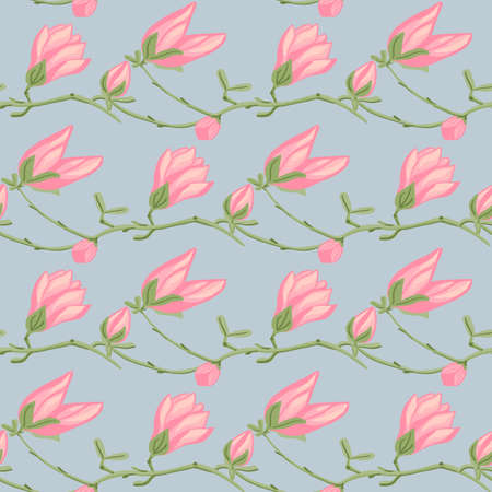 Seamless pattern Magnolias on blue background. Beautiful texture with spring pink flowers. Geometrical floral template for fabric. Design vector illustration.のイラスト素材