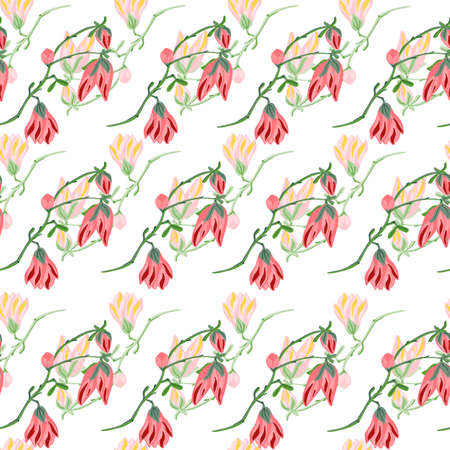 Seamless pattern Magnolias on white background. Beautiful ornament with spring pink flowers. Geometrical floral template for fabric. Design vector illustration.のイラスト素材