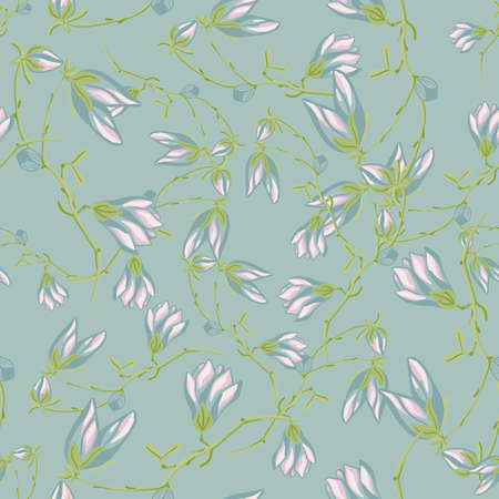 Seamless pattern Magnolias on light green background. Beautiful texture with spring flowers. Random floral template for fabric. Design vector illustration.のイラスト素材