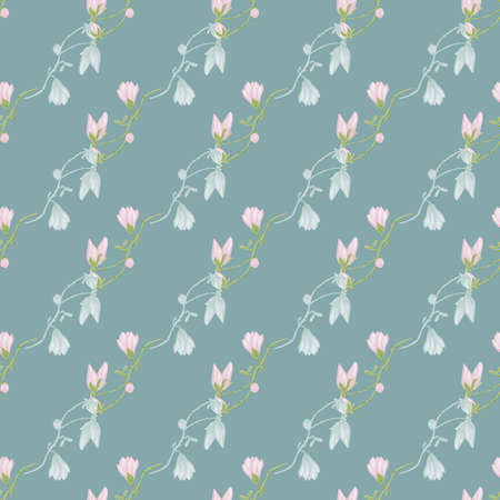 Seamless pattern Magnolias on light blue background. Beautiful ornament with pastel pink flowers. Geometrical floral template for fabric. Design vector illustration.のイラスト素材