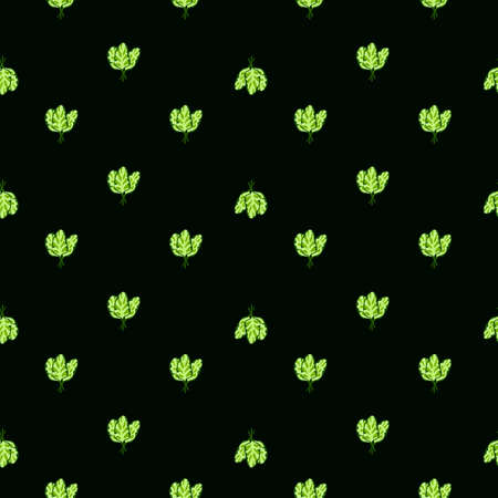 Seamless pattern bunch spinach salad on black background. Minimalistic ornament with lettuce. Geometric plant template for fabric. Design vector illustration.のイラスト素材