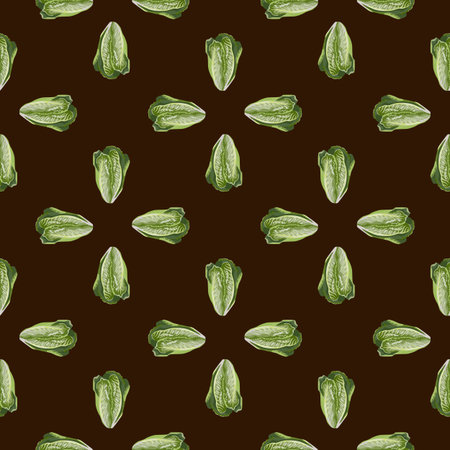 Seamless pattern salad Romano on brown background. Minimalism ornament with lettuce. Geometrical plant template for fabric. Design vector illustration.のイラスト素材
