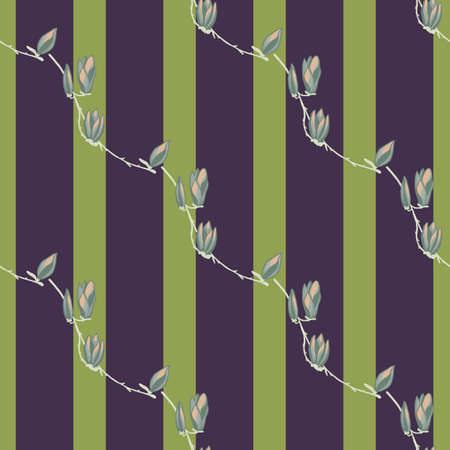 Seamless pattern Magnolias on stripe green background. Beautiful texture with flowers. Geometrical floral template for fabric. Design vector illustration.のイラスト素材