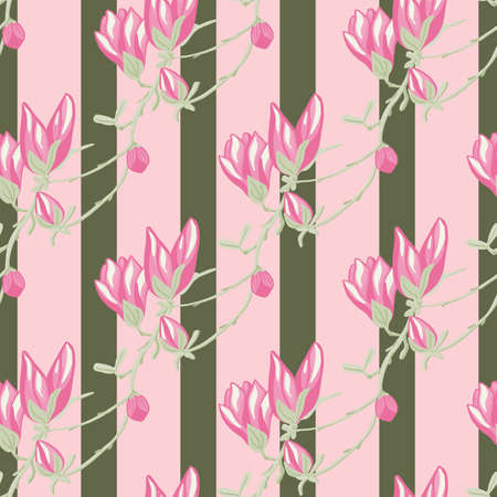 Seamless pattern Magnolias on strip pink green background. Beautiful ornament with spring flowers. Geometrical floral template for fabric. Design vector illustration.のイラスト素材