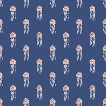 Seamless pattern jellyfish on purple background. Minimalist ornament with sea animals .Geometric template for fabric. Design vector illustration.のイラスト素材