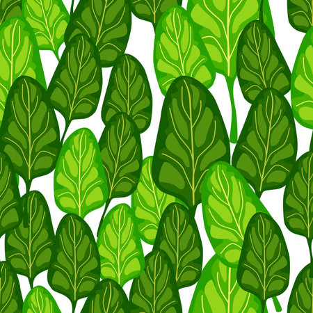 Seamless pattern Spinach salad on white background. Modern ornament with lettuce. Random plant template for fabric. Design vector illustration.のイラスト素材