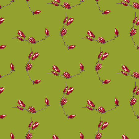 Seamless pattern Magnolias on bright green background. Beautiful texture with red flowers. Geometrical floral template for fabric. Design vector illustration.のイラスト素材