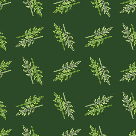 Seamless pattern bunch arugula salad on dark green background. Modern ornament with lettuce. Geometric plant template for fabric. Design vector illustration.のイラスト素材