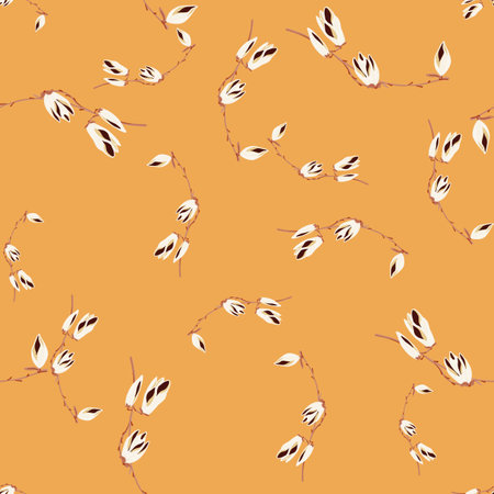 Seamless pattern Magnolias on yellow background. Beautiful texture with spring white flowers. Random floral template for fabric. Design vector illustration.のイラスト素材