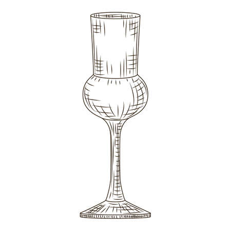 Empty glass schnapps engraved style isolated on white background. Vintage sketch black outline close up. Vector illustration design.のイラスト素材