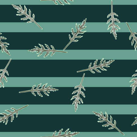 Seamless pattern bunch arugula salad on stripes teal background. Modern ornament with lettuce. Random plant template for fabric. Design vector illustration.のイラスト素材
