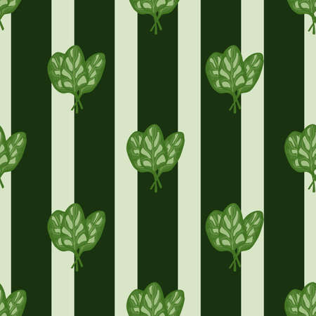 Seamless pattern bunch spinach salad on green striped background. Simple ornament with lettuce. Geometric plant template for fabric. Design vector illustration.のイラスト素材