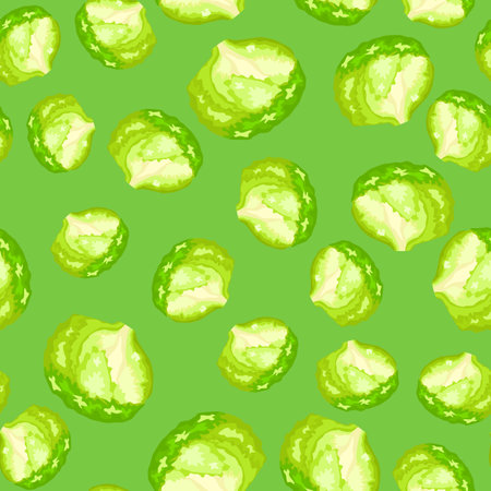 Seamless pattern iceberg salad on bright green background. Modern ornament with lettuce. Random plant template for fabric. Design vector illustration.のイラスト素材