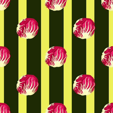 Seamless pattern Radicchio salad on dark stripes background. Modern ornament with red lettuce. Geometric plant template for fabric. Design vector illustration.のイラスト素材