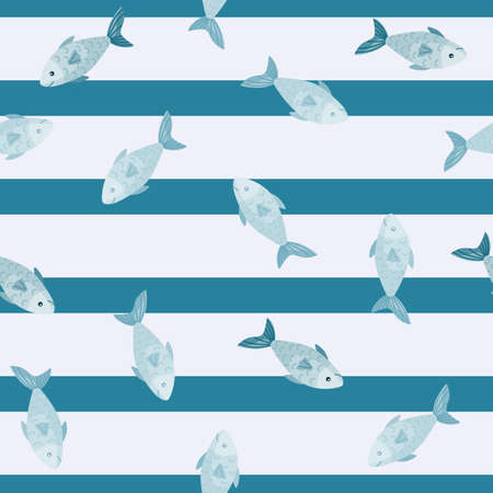 Seamless pattern fish on light stripes background. Modern ornament with sea animals. Random template for fabric. Design vector illustration.のイラスト素材
