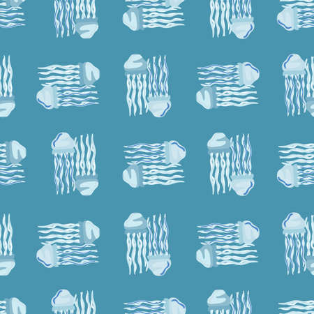 Seamless pattern jellyfish on pastel blue background. Simple ornament with sea animals .Geometric template for fabric. Design vector illustration.のイラスト素材