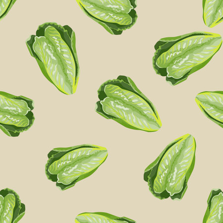 Seamless pattern lettuce Romano on beige background. Minimalism texture with salad. Random plant template for fabric. Design vector illustration.のイラスト素材
