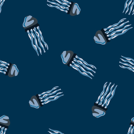 Seamless pattern jellyfish on dark blue background. Modern ornament with sea animals. Random...