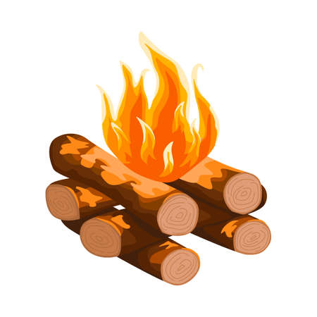 Log cabin campfire isolated on white background. Hiking fireplace in flat style. Cartoon vector illustration for any purpose.のイラスト素材