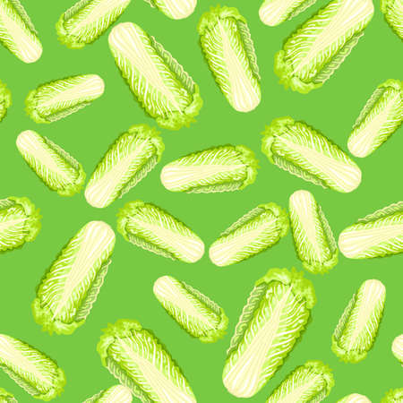 Seamless pattern Chinese cabbage on bright green background. Abstract ornament with lettuce. Random plant template for fabric. Design vector illustration.のイラスト素材
