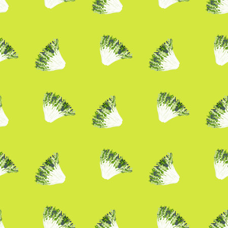 Seamless pattern frisee salad on bright background. Simple ornament with lettuce. Geometric plant...