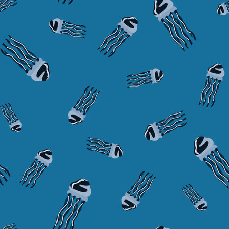 Seamless pattern jellyfish on bright blue background. Simple ornament with sea animals. Random...